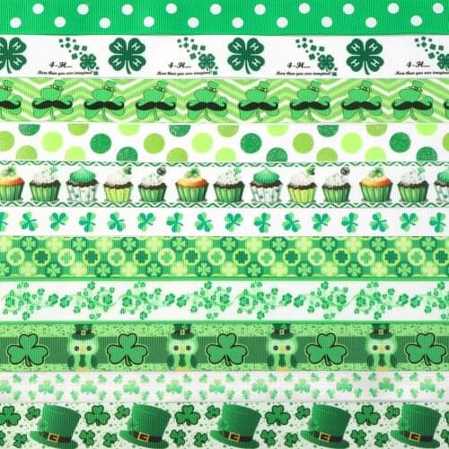 10yards/set Random Width St Patrick Designs Printed Wreath Grosgrain Bows Ribbon Bundle For Crafts DIY Hair Bows Decoration