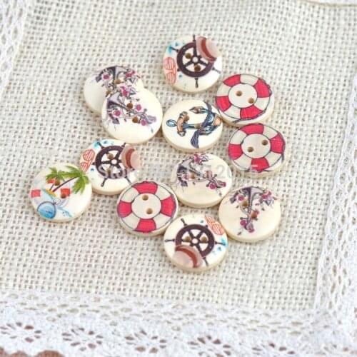 2 Holes Mix anchor/ship painted natural round Wooden buttons For Sewing Scrapbooking Crafts 100pcs 20mm YF5410-9