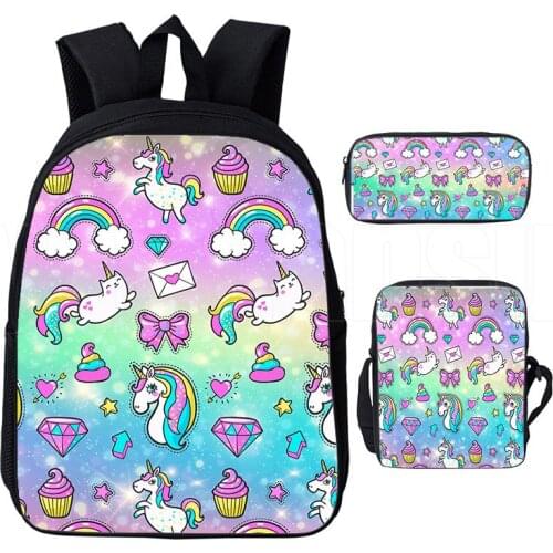 3PCS Mochila Para Hombre Rainbow Pink Unicorn Backpack Women 12/16inch Anime Bookbag Girls Boys School Bags3D Print Pencil Case