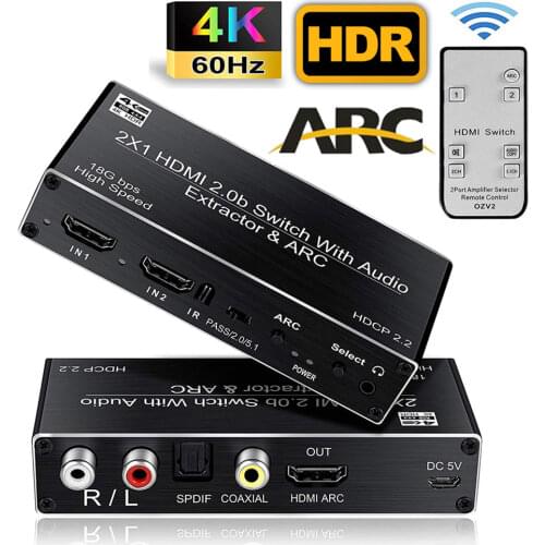 4K HDMI-compatible 2.0b Switcher 2X1 with ARC 4K 60Hz 5.1CH HDR HDMI 2.0 Switch with audio toslink stereo extractor HDCP 2.2