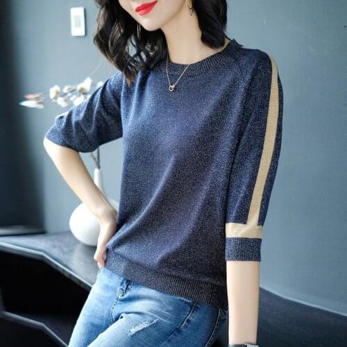 Shiny Pullover knitted Short Sleeve knitted Sweater Women Spring Summer Slim Basic Casual Base Female knitting shirts 2021 Korea