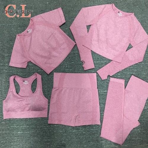 CHRLEISURE 5 PCS Women Tracksuit Fitness Sports Two Piece Set Women Push Bra+Shirts+Shorts+Leggings Seamless Suit For Woman