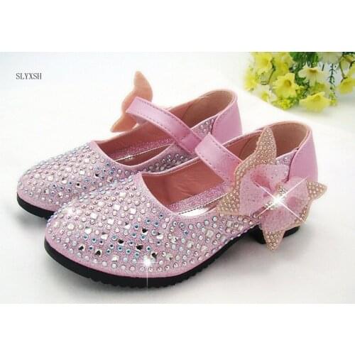 Size 26-36 Children Shoes for Girls Princess Party Leather Shoes Flower Girl Rhinestones Shoes Kids Bowtie Dress Shoes