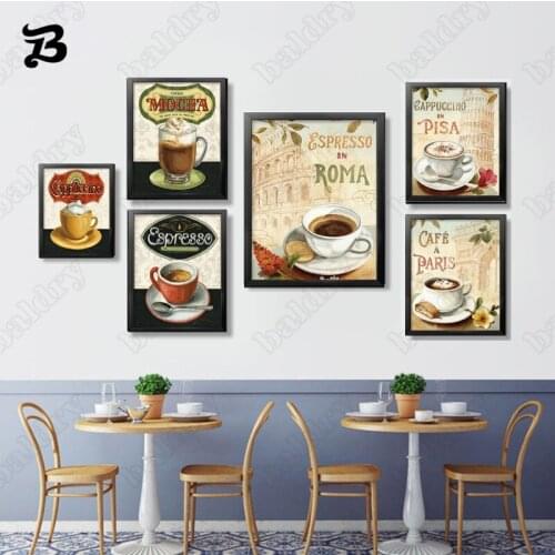 Coffee Cups Canvas Painting Vintage Wall Art Canvas Poster Print Retro Decoration Abstract Wall Painting Cafe Shop Kitchen Decor