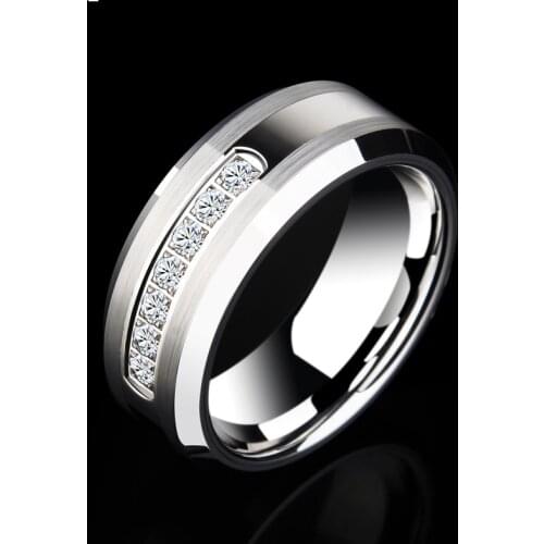 New Arrival Mens Fashion Jewelry 8mm Tungsten Wedding Rings with Shiny Seven CZ Stones by CNC Inlay Size 7-13 Free Shipping