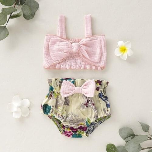 Summer Clothes Cartoon Toddler Infant Baby Girls Sleeveless Pink Bow Tops+Floral PP Shorts Outfits 2PCS Set