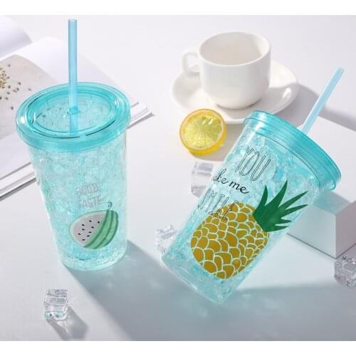 New Summer Ice Cup Creative Fruit Crushed Ice Cup Students Outdoor Portable Straw Drink Cup Water Bottle with Straw Drinkware