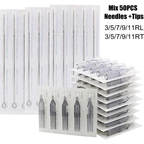 Tattoo Needles and Tips Set 50pcs Disposable Mixed Tattoo Needles and 50pcs Assorted Sterilized Disposable Tattoo Tip for Tattoo