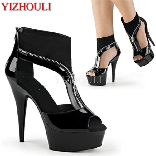 15cm high heel stage shoes, t-line zipper lace-up style, fashion buckle boots, model pole dancing zipper ankle boots