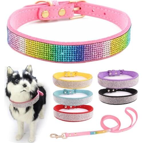 Rhinestone Dog Collar Leash Pet Cat Accessories Pink Small Large Necklace Shine Soft Neck Strap For Teddy Chihuahua Green