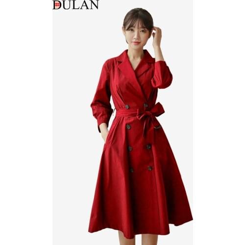 Red French Windbreaker Dress Womens 2021 Spring and Summer New Mid Length A-line Skirt Temperament Waist Jacket