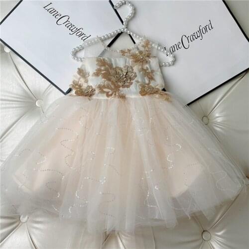 High Quality 2021 New Girls Champagne Birthday Party Sequined Flora Bowknot Dress Kids Princess Tutu Mesh Dresses Free Shipping