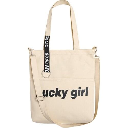 Lucky Girl Casual Canvas Tote Letters Printed Cloth Shoulder Sling Storage Handbag Crossbody Women Shopping Bag Daily Use