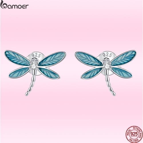 Bamoer Genuine 925 Sterling Silver Dragonfly Earrings for Women Hypoallergenic Silver Jewelry for Kid Animal Earrings GAE455