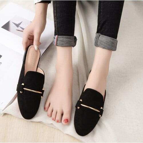 Spring Autumn New Cool Half Slippers Women Retro Outside Large Size 41-44 Mule Shoes Cow Suede Slides Flock Sandals