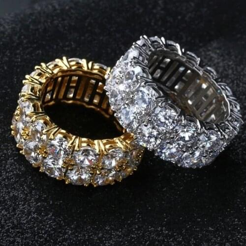 HIP Hop 2 Row Classic CZ Solitaire Ring Gold/Silver Color Iced Out Zircon Charm Wedding Ring for Men Women Jewelry Best Gift