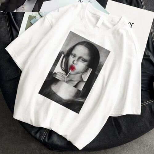 Women T-shirt Monla Lisa Printing Ulzzang Aesthetic Oversized T-shirt Harajuku 2021 Summer White Drawing Short Sleeve Tops