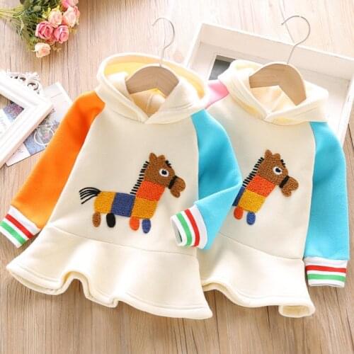 1 2 3 4 5 Years Toddler Girls Sweatshirts Cartoon Pony Long Sleeve Stitching Hoodies Dress Thicken Kids Clothing 1 2 3 4 5 Years