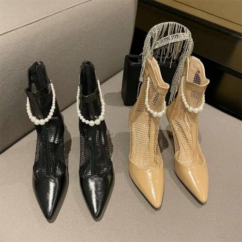 Women Mesh Boots High Heels Shoes Fashion String Bead Pointed Toe Sandals Slides Summer Heels Shoes Ladies Boots 2021 Pumps