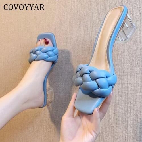 COVOYYAR Women Slippers Sandals 2021 Twist Beaded Beach Slide Shoes Thick High Heeled Mules Shoes for Women WSL198