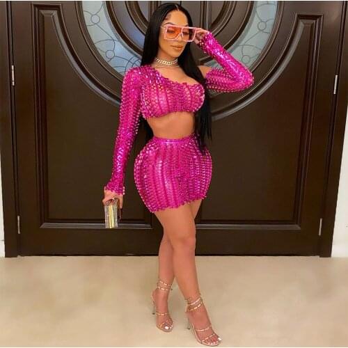 2021 two piece set women sexy summer dress suit hole hollow out one shoulder crop top+ short skirt night club party women sets