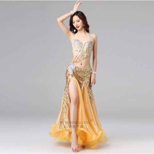 Belly Dance Performance Beaded Outfit Bra 34B/36B Egyptian Belly Dance Costume Gold Bra Skirt Adult Belly Dance Set For Women