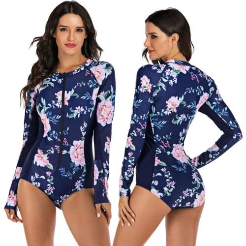 Womens Long Sleeve Floral Printed Zip Front Rashguard One Piece Swimsuit Sun Protection Surfing Swimwear Bathing Suit Bodysuit