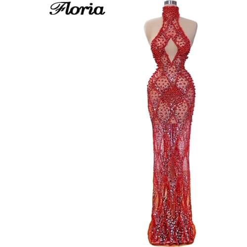 Custom Beaded Evening Gowns Formal Women Dresses Robe De Soiree Middle East 2020 New Arrival Dubai Long Red Illusion Prom Dress