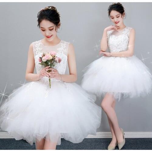 New white knee length lady girl bridal wedding short dress performance dance dress free shipping