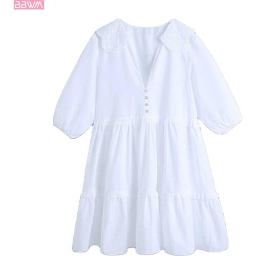 Women Western Style Doll Collar Sleeves V-neck Stitching Simple Loose Dress Vintage Solid Color Chic Female Mini Dress Vestidos