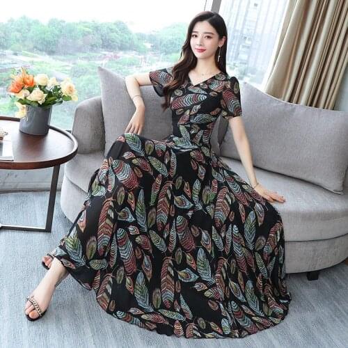 2020 Summer New Female French V-neck Printed Dress Temperament Slim Popular Chiffon Dress Plus Size Retro Female Vestidos K457
