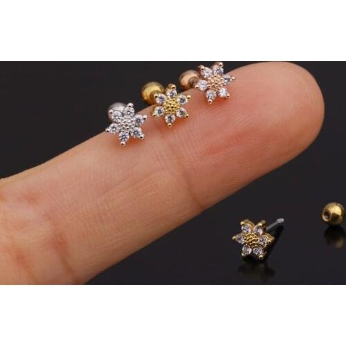 1 PCS Cute Simple Small Zircon Flower Ear Cartilage Piercing Stud Earring Gold Color Stainless Steel Bar Ball Helix Earring