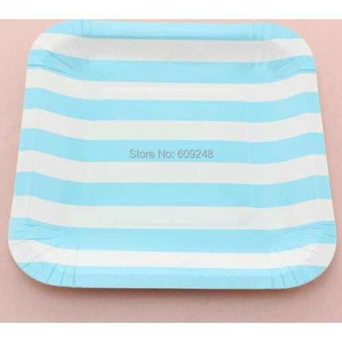 24pcs 7" Decorative Birthday Wedding Holiday Blue Striped Square Colored Paper Plates Party Dessert Paper Dishes Wholesale
