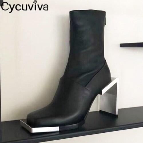 Brand Winter Chelsea Boots Strange Heels Women Shoes Genuine Leather Square Toe High Heel Shoes Women Casual Zip Bottnes Female