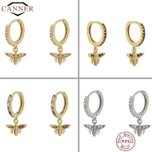 CANNER European and American Real 925 Sterling Silver Cute Bee Star Hoop Earrings for Women Circle Earings Girls Earring Jewelry