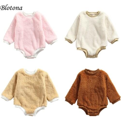 Blotona Baby Autumn Winter Rompers, Plush Splicing O-Neck Long-Sleeves Jumpsuit with Crotch Buttons for Girls, Boys, 0-24Months