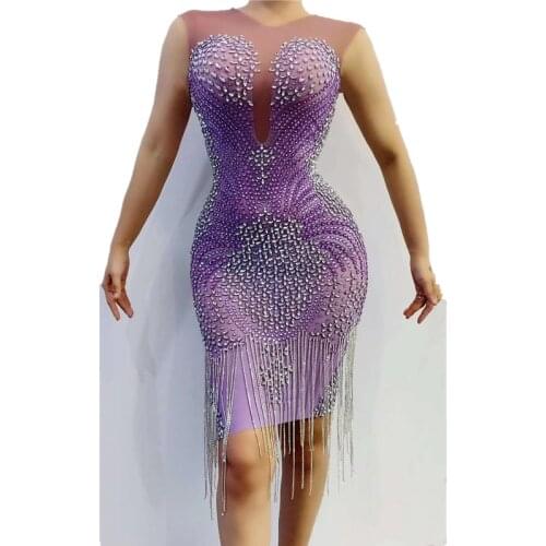 High Elastic Purple Rhinestones Transparent Dress Bar Women Dancer Costume Singer Prom Outfit Wear Birthday Celebrate Dress