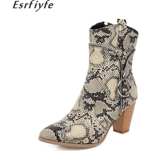 ESRFIYFE 2020 New Nake Skin Pu Western Ankle Boots Women High Heels Booties Female Pointed Toe Shoes Ladies Zip Shoes Winter