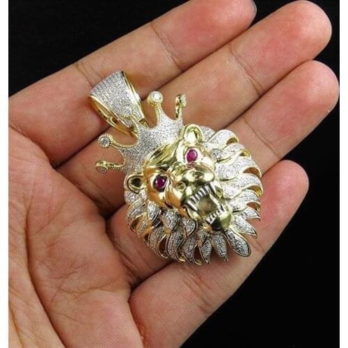 FDLK Trendy Hip Hop Rock Punk Crown Lion Head Shape Pendant Necklaces All Crystal Luxury Gold Domineering Necklace for Men Women