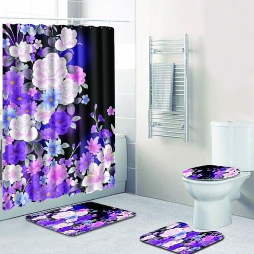 Purple Flower Polyester Shower Curtain Bathroom Waterproof with 12 Hooks Pedestal Rug Lid Toilet Cover Bath Mat Set
