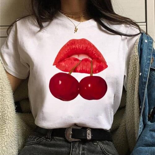 Fruit and Lips Print T Shirt New Fashion Women T Shirt Harajuku Tops Female Graphic Tee Ladies Cute Tee Shirt White Woman T-shi
