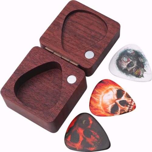 1 Set Solid Wood + Celluloid Guitar Picks Wooden Box With Skull Pattern Guitar Picks Guitar accessories