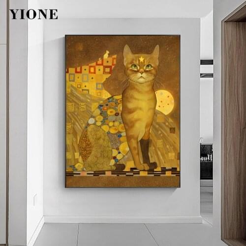 Gustav Klimt Cat Art Canvas Painting Abstract Retro Animal Pet Yellow Poster Wall Picture Print Home Decoration for Living Room