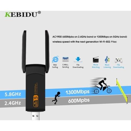 Kebidu 2.4G/5.0GHz 1900Mbps WiFi Adapter USB 3.0 External Wireless Network Card Dual Band Wifi Receiver Adapter 300Mbps