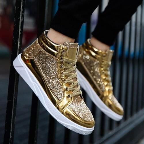 Leather Boots Bright Face Personality Martin Boots Mens Casual High-top Leather Shoes Set with Diamond Retro Gold Boots