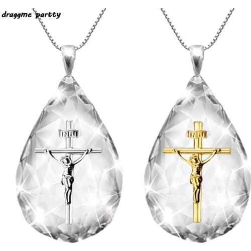 Crystal Waterdrop Pendant Necklace Jesus Cross Necklace Choker Charm Christian Couple Jewelry Gift