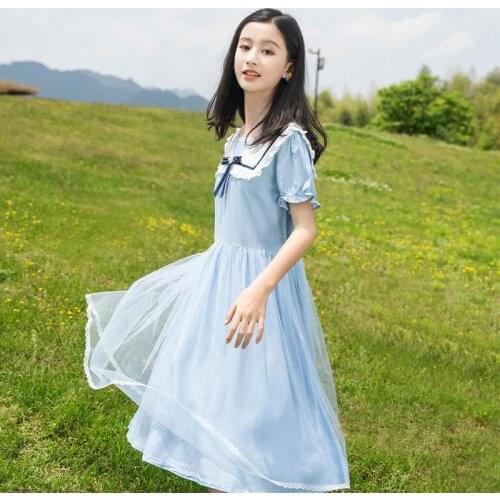 Summer Blue Dress Baby Girls Lovely Mesh Blue Short Sleeves Big Girl Princess Dress for 9 10 11 12 13 14 15 16 Years Old Kids