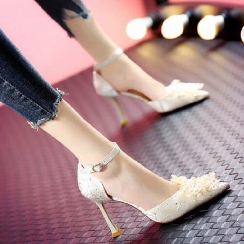 Summer pearl print pointed toe stiletto high heel bridal wedding shoes rhinestone one word buckle banquet dress female sandals