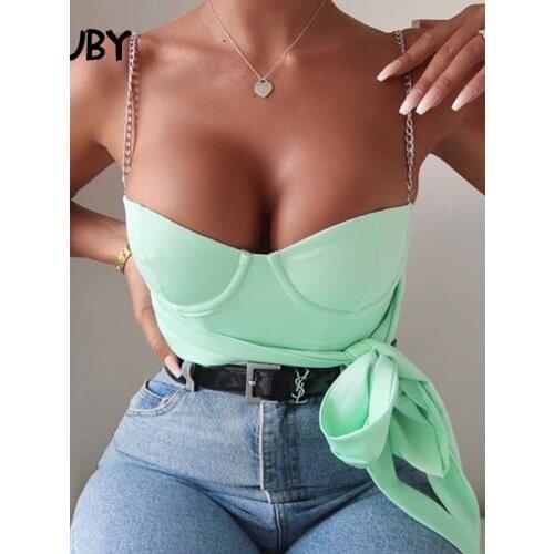 SRUBY Chain Tank Top Sexy Spaghetti strap Tops Women Strapless Slim Top Women Bow Top Bandage Tops Blue Vest Sexy Tank Tops