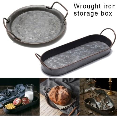 Vintage Style Metal Serving Tray With Handle Basket French Country Dishes Shabby Rustic Home Retro Storage Box Organizador